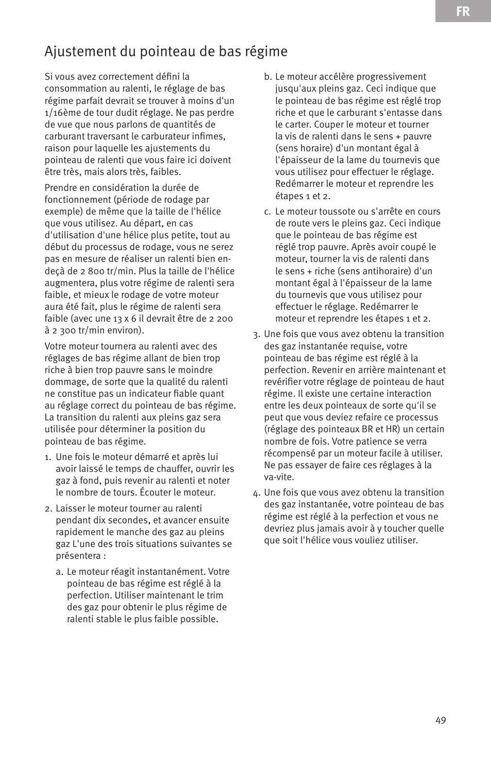 Ajustement du pointeau de bas régime | Evolution Engines Gas RC User Manual | Page 49 / 72