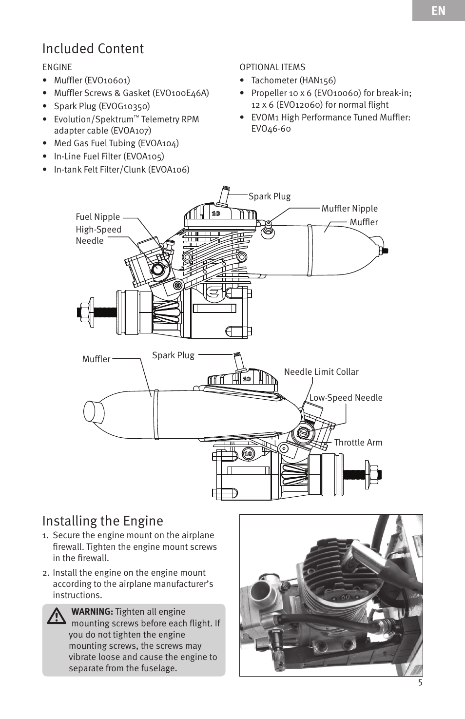 Installing the engine, Included content | Evolution Engines Gas RC User Manual | Page 5 / 72