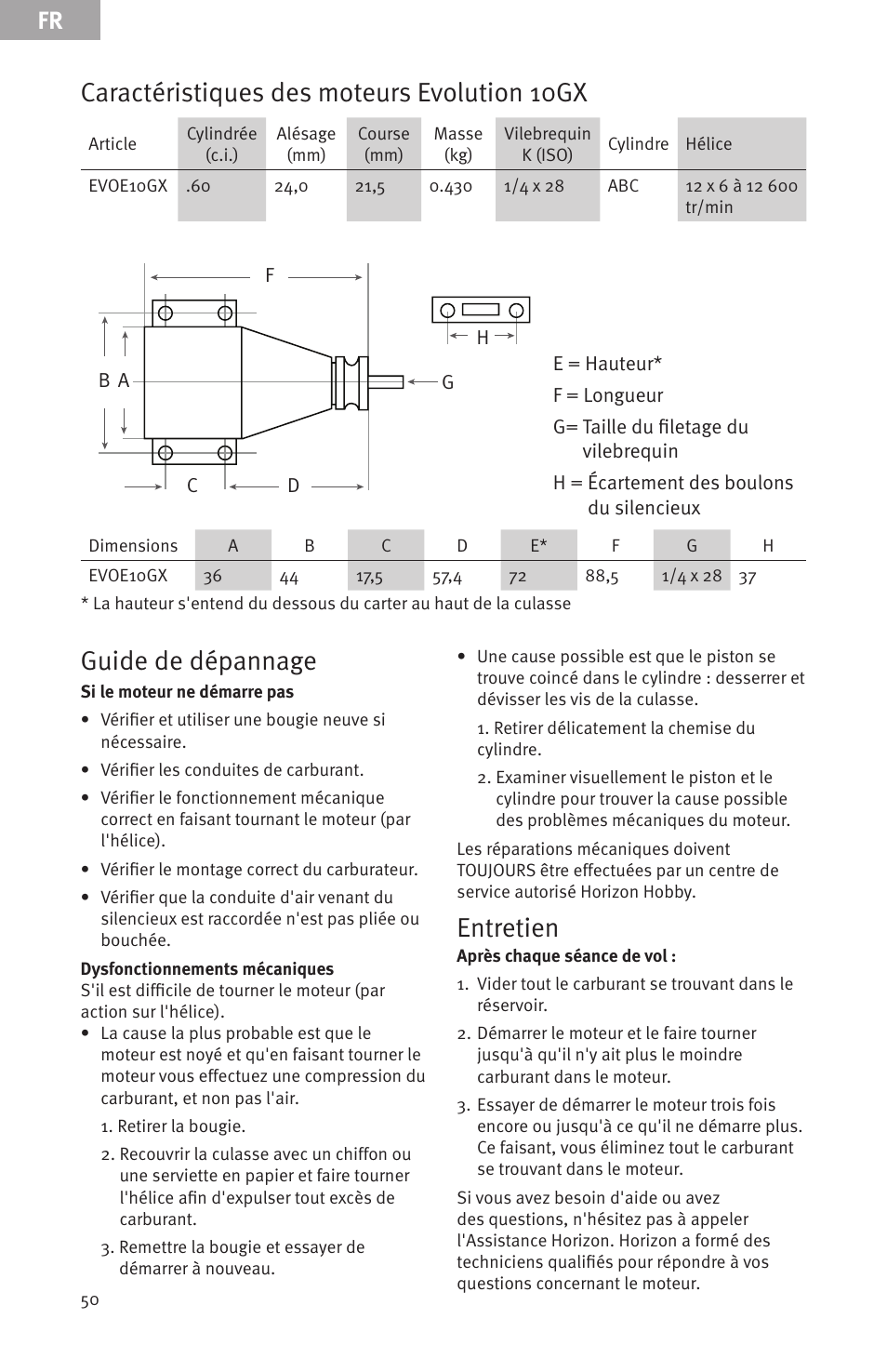 Guide de dépannage, Entretien, Caractéristiques des moteurs evolution 10gx | Evolution Engines Gas RC User Manual | Page 50 / 72