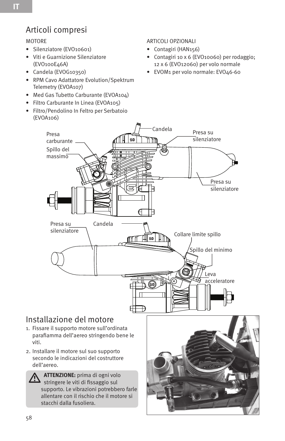 Installazione del motore, Articoli compresi | Evolution Engines Gas RC User Manual | Page 58 / 72