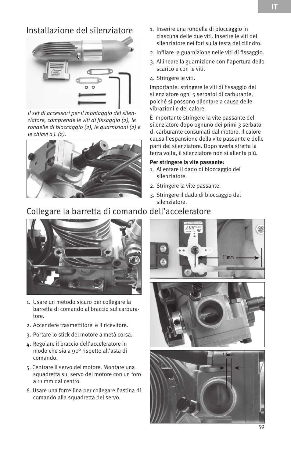 Installazione del silenziatore, Collegare la barretta di comando dell’acceleratore | Evolution Engines Gas RC User Manual | Page 59 / 72