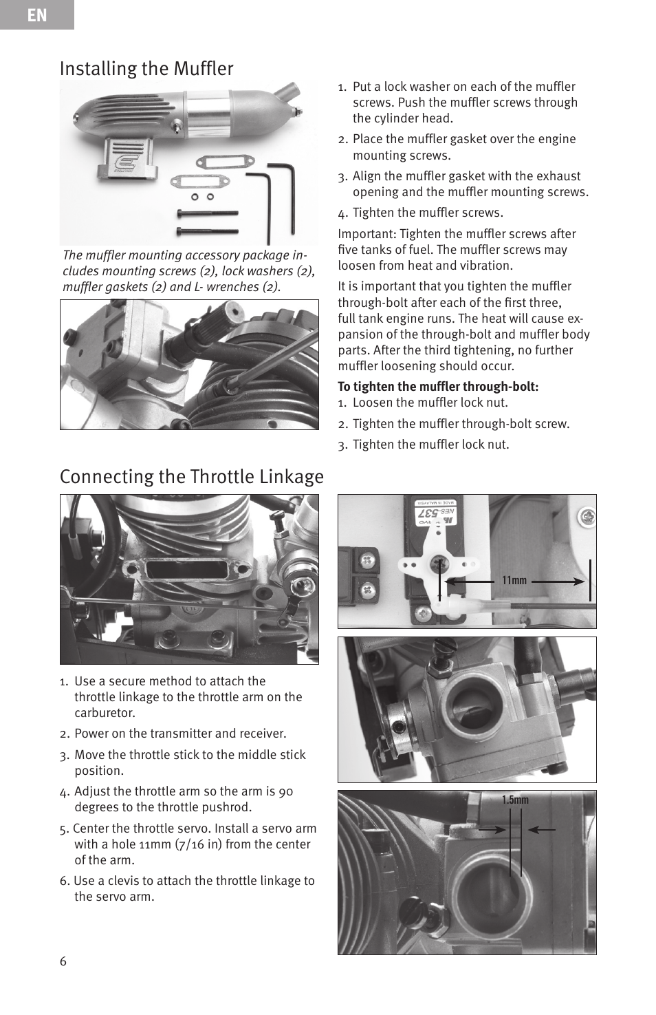 Installing the muffler, Connecting the throttle linkage | Evolution Engines Gas RC User Manual | Page 6 / 72