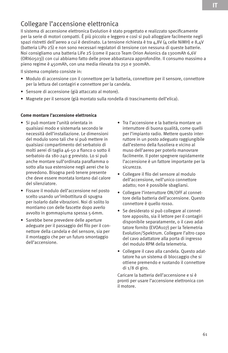 Collegare l’accensione elettronica | Evolution Engines Gas RC User Manual | Page 61 / 72