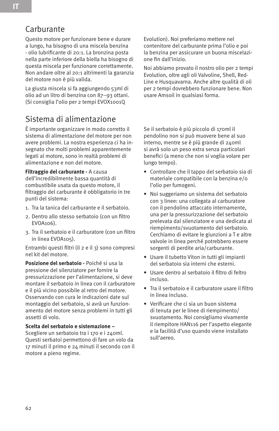 Carburante, Sistema di alimentazione | Evolution Engines Gas RC User Manual | Page 62 / 72