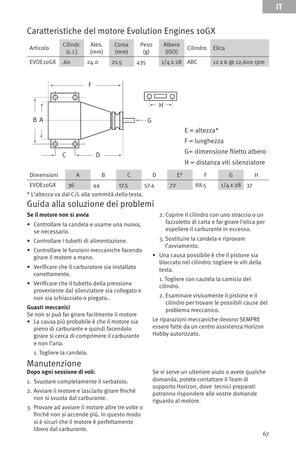 Caratteristiche del motore evolution engines 10gx, Guida alla soluzione dei problemi, Manutenzione | Evolution Engines Gas RC User Manual | Page 67 / 72