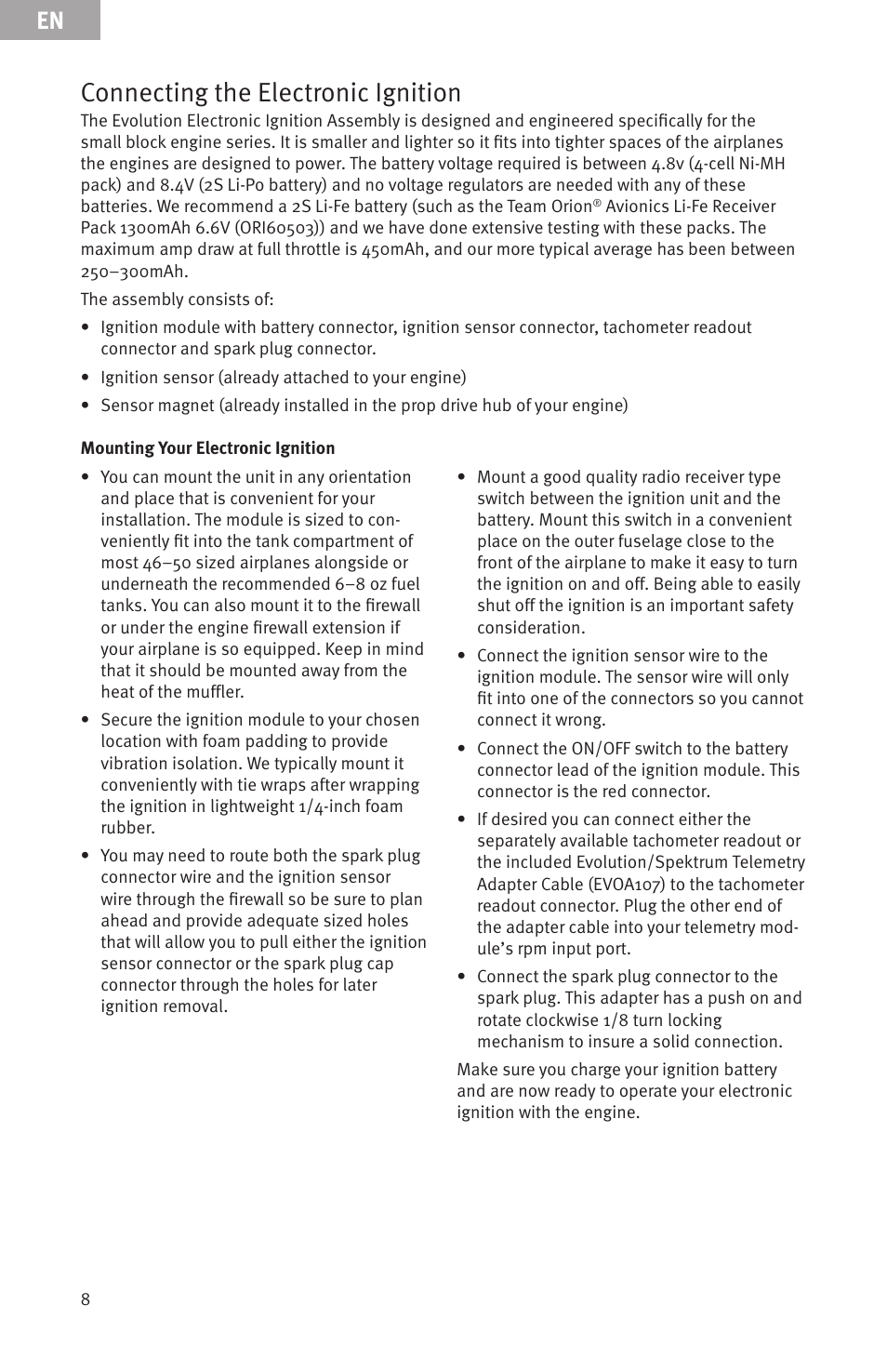 Connecting the electronic ignition | Evolution Engines Gas RC User Manual | Page 8 / 72