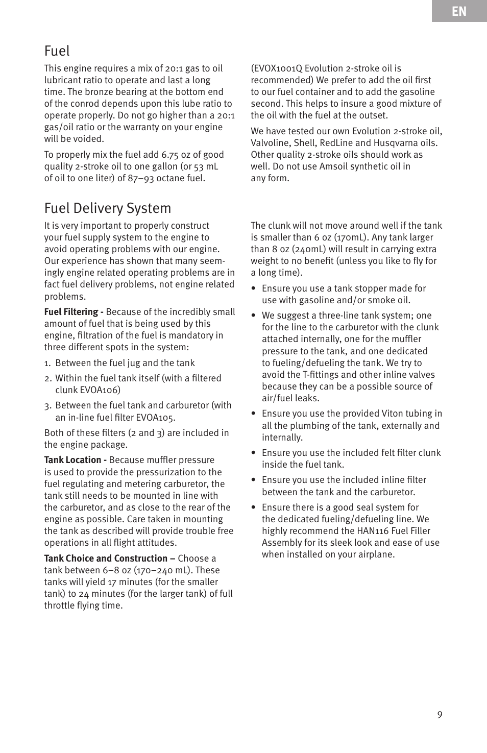 Fuel, Fuel delivery system | Evolution Engines Gas RC User Manual | Page 9 / 72