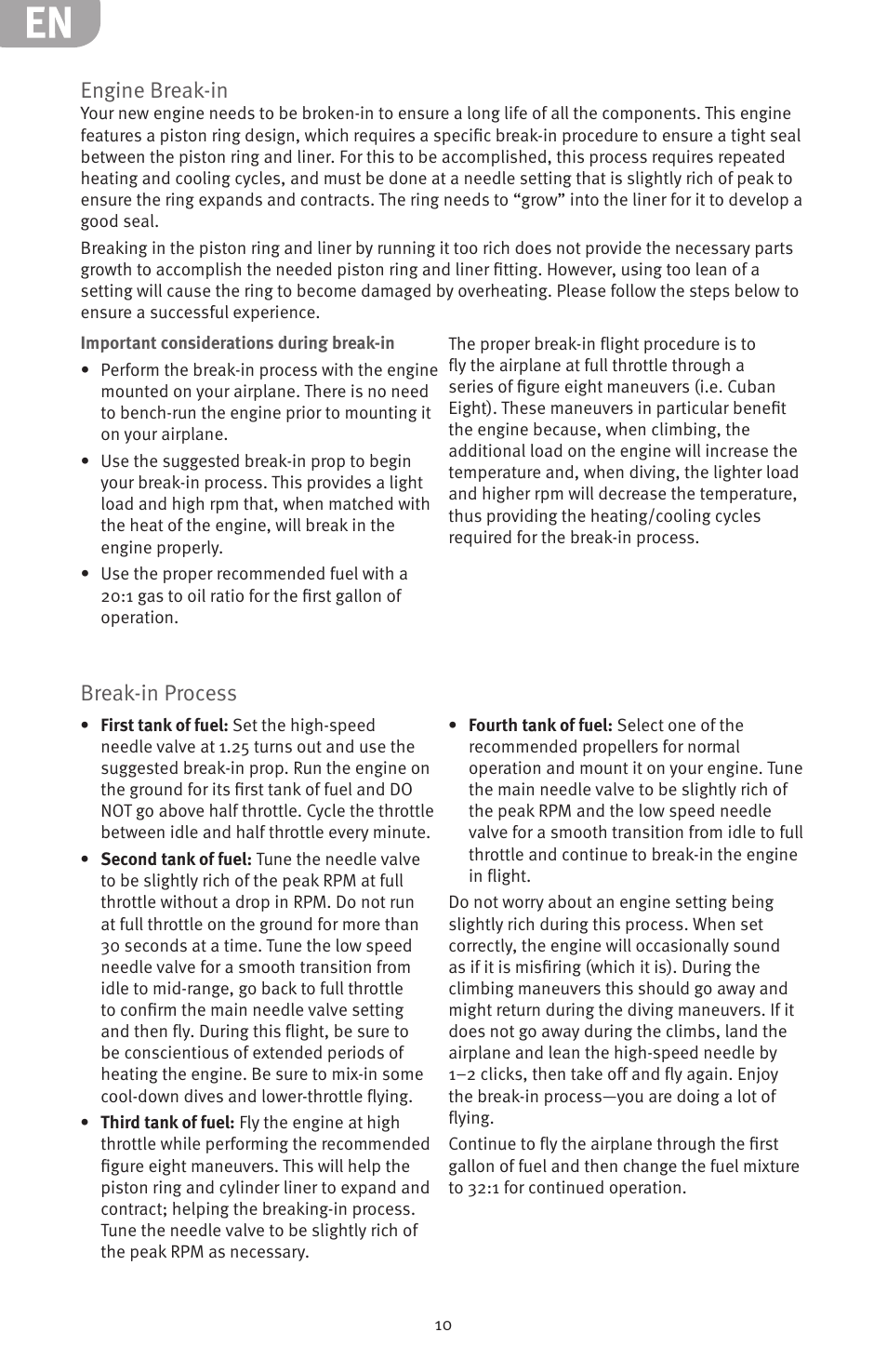 Engine break-in, Break-in process | Evolution Engines 15GX2 15cc User Manual | Page 10 / 20