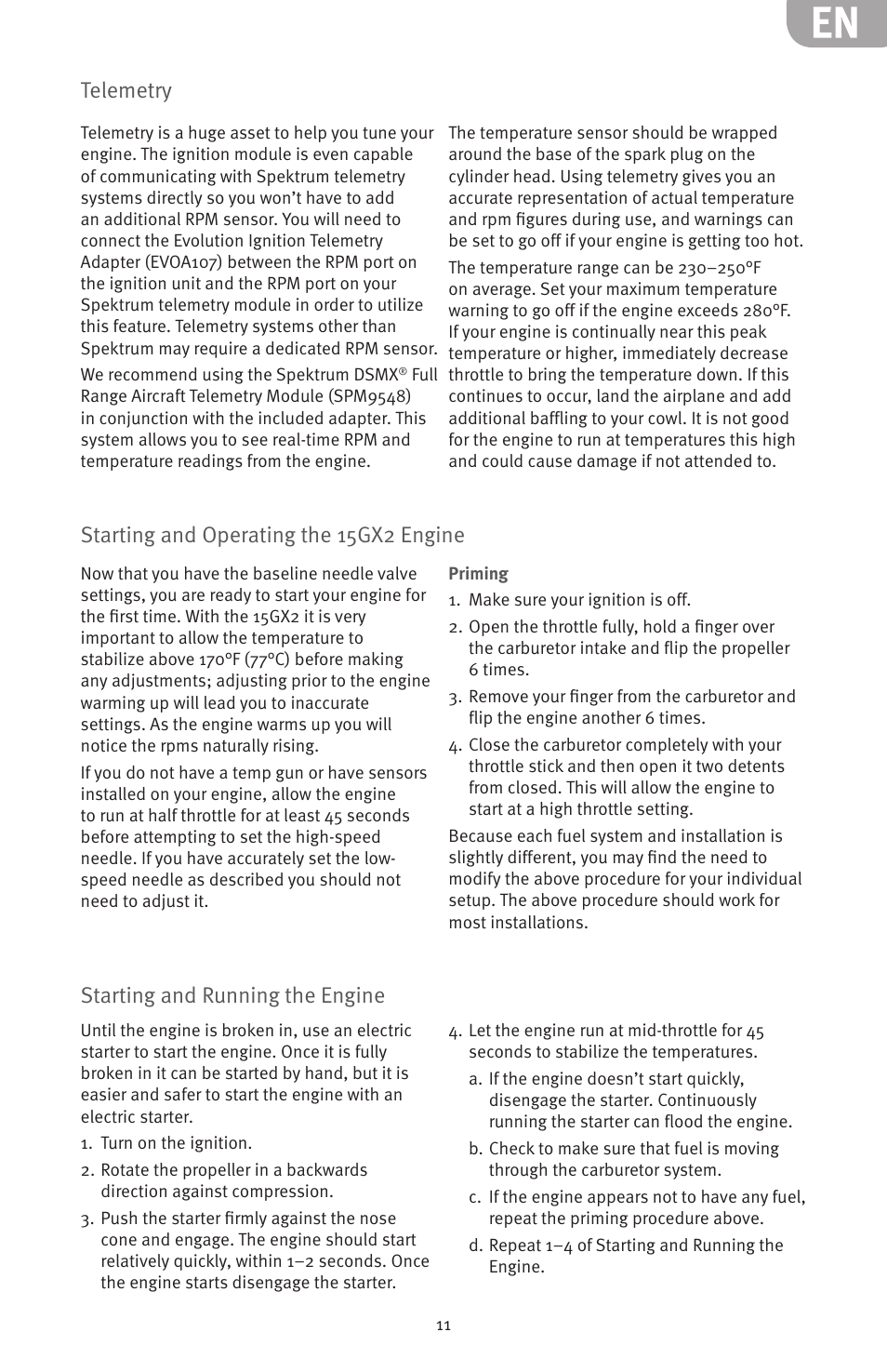 Starting and operating the 15gx2 engine, Telemetry, Starting and running the engine | Evolution Engines 15GX2 15cc User Manual | Page 11 / 20