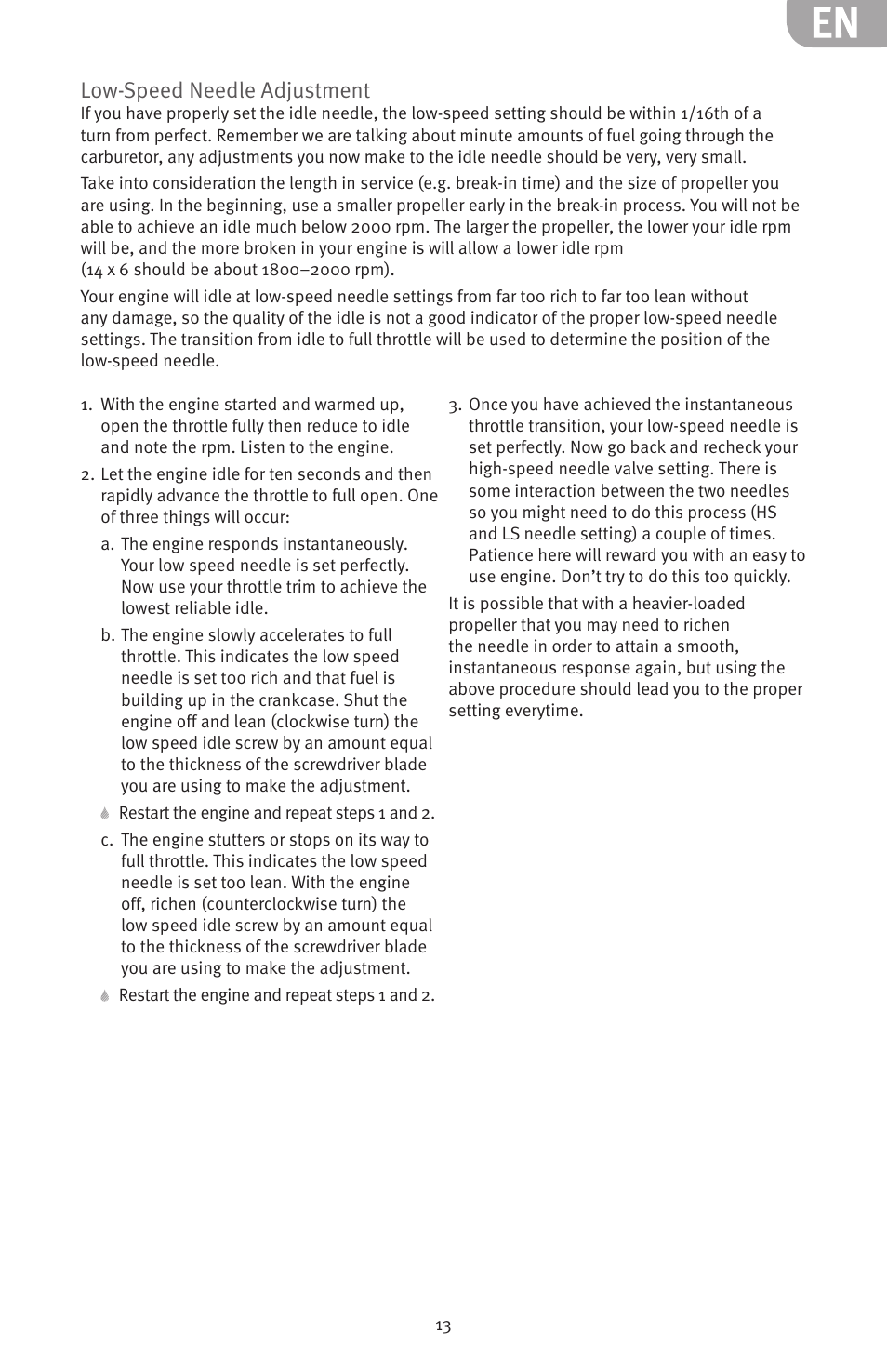 Low-speed needle adjustment | Evolution Engines 15GX2 15cc User Manual | Page 13 / 20