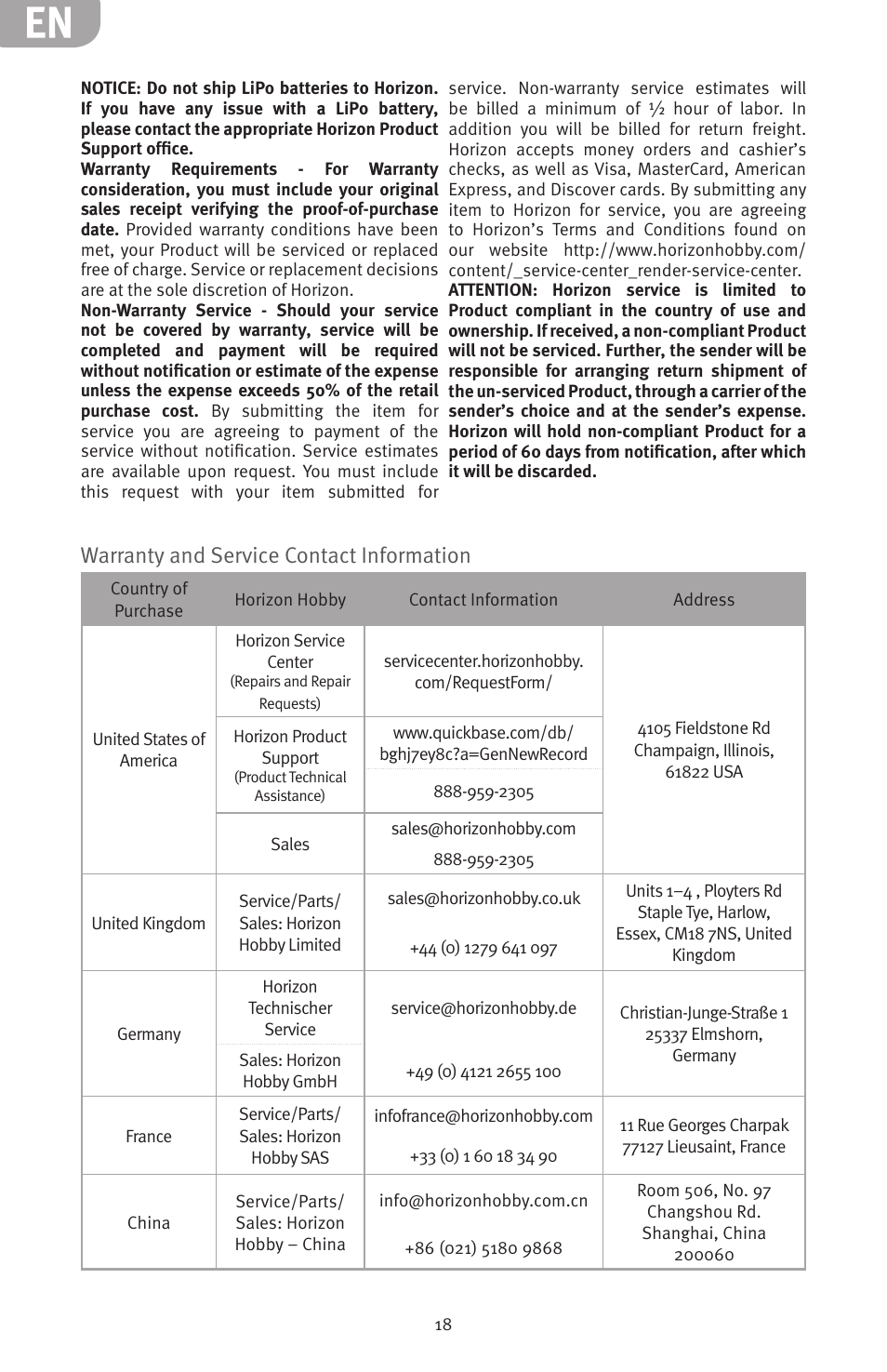 Warranty and service contact information | Evolution Engines 15GX2 15cc User Manual | Page 18 / 20