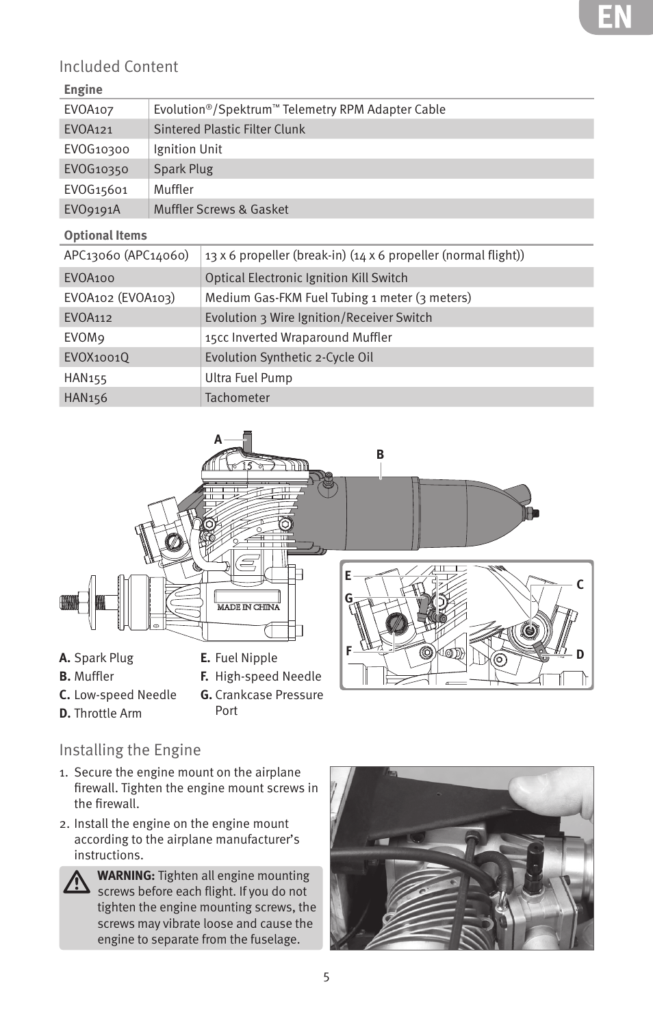 Included content, Installing the engine | Evolution Engines 15GX2 15cc User Manual | Page 5 / 20