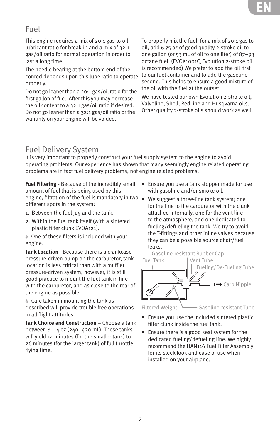 Fuel, Fuel delivery system | Evolution Engines 15GX2 15cc User Manual | Page 9 / 20