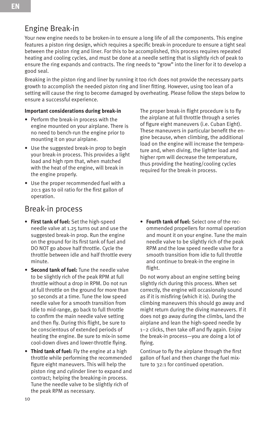 Engine break-in, Break-in process | Evolution Engines 15GX 15cc User Manual | Page 10 / 19