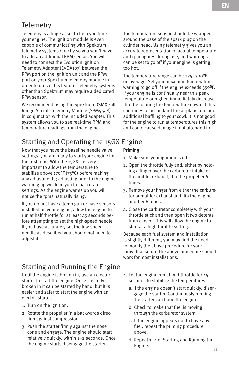 Starting and operating the 15gx engine, Telemetry, Starting and running the engine | Evolution Engines 15GX 15cc User Manual | Page 11 / 19