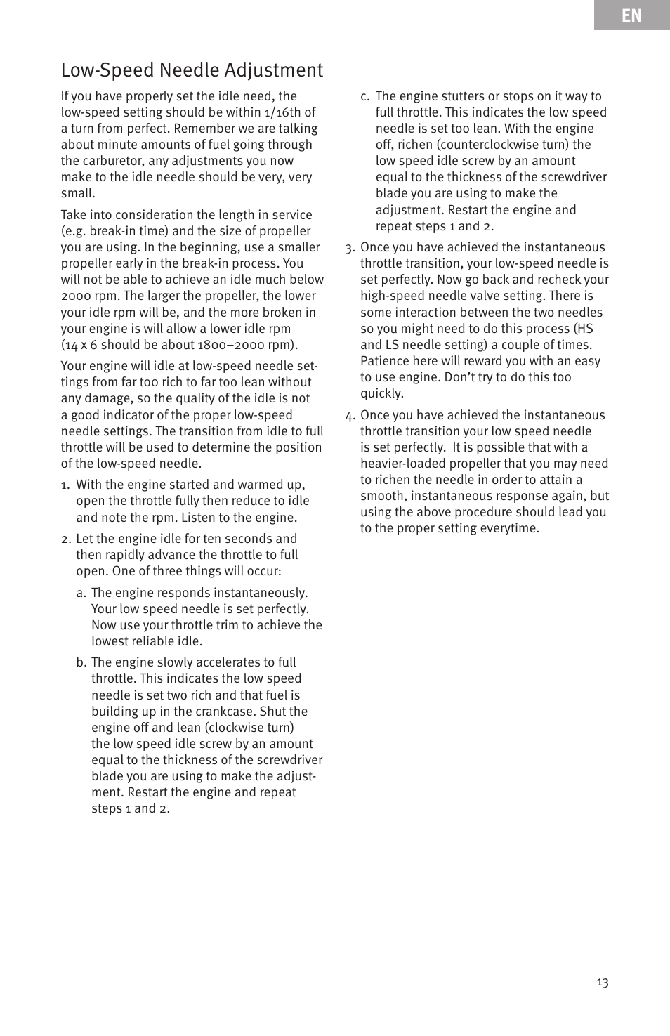Low-speed needle adjustment | Evolution Engines 15GX 15cc User Manual | Page 13 / 19