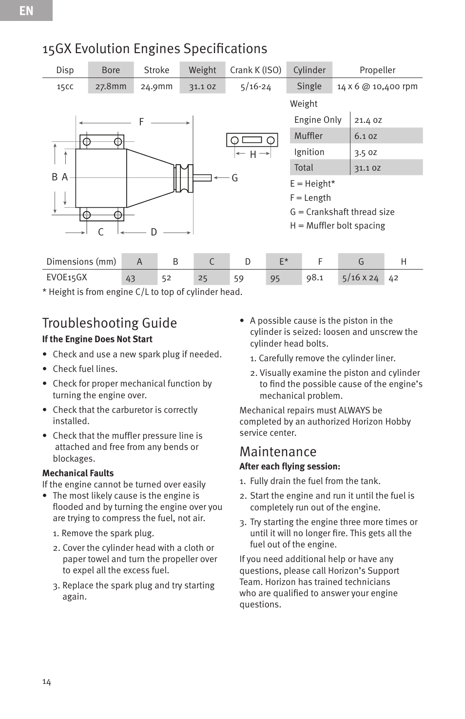 15gx evolution engines specifications, Troubleshooting guide, Maintenance | Evolution Engines 15GX 15cc User Manual | Page 14 / 19