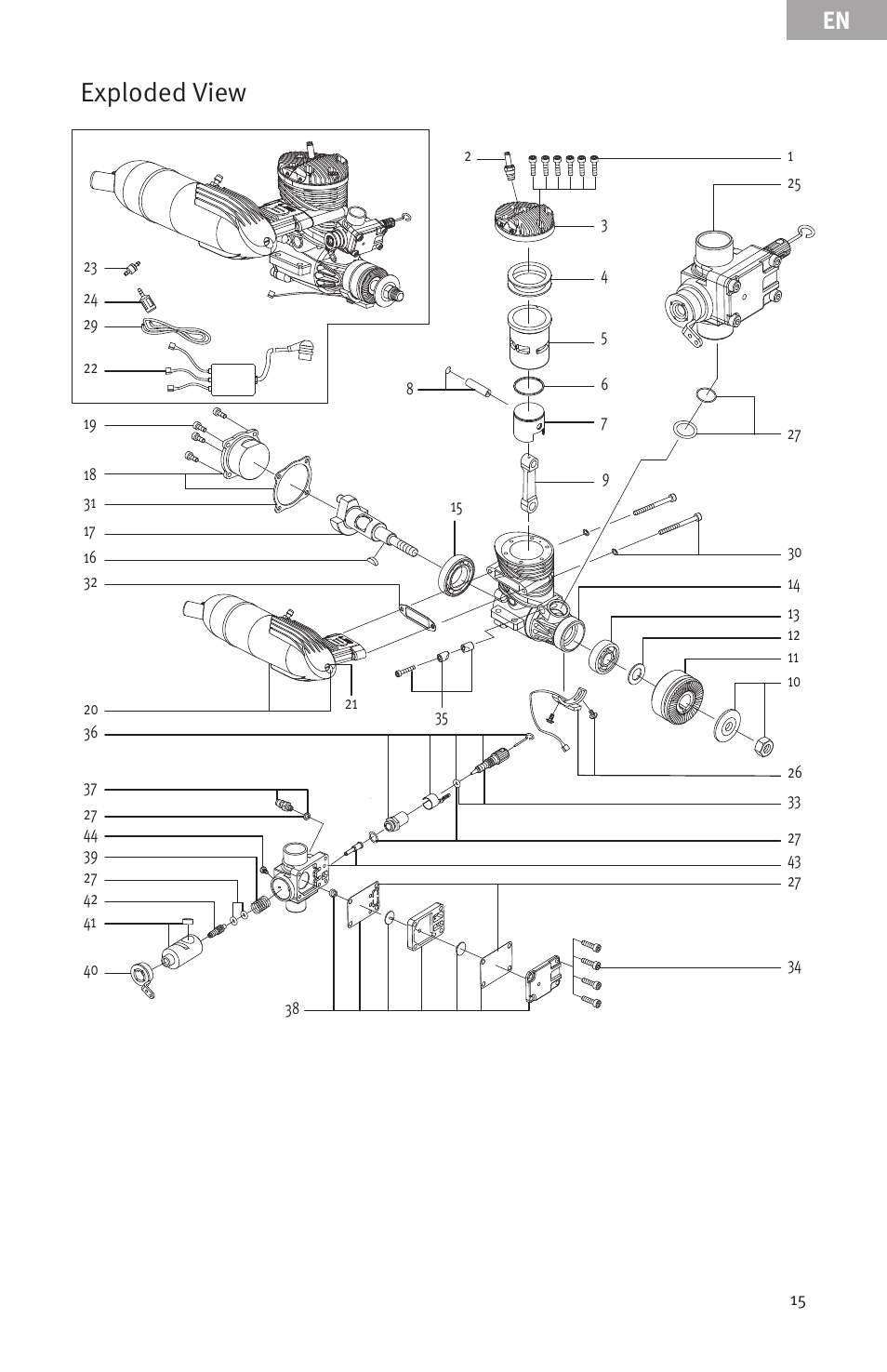 Exploded view | Evolution Engines 15GX 15cc User Manual | Page 15 / 19