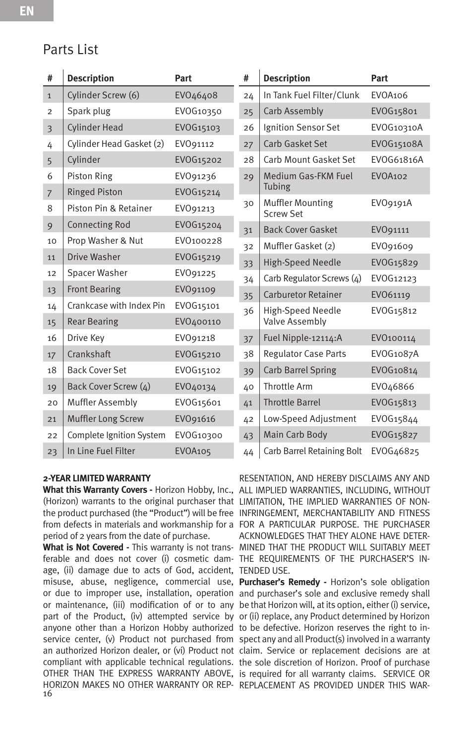 Parts list | Evolution Engines 15GX 15cc User Manual | Page 16 / 19