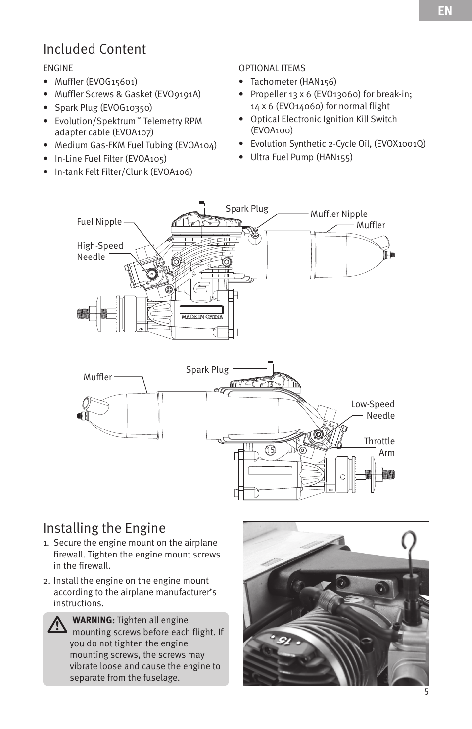 Installing the engine, Included content | Evolution Engines 15GX 15cc User Manual | Page 5 / 19