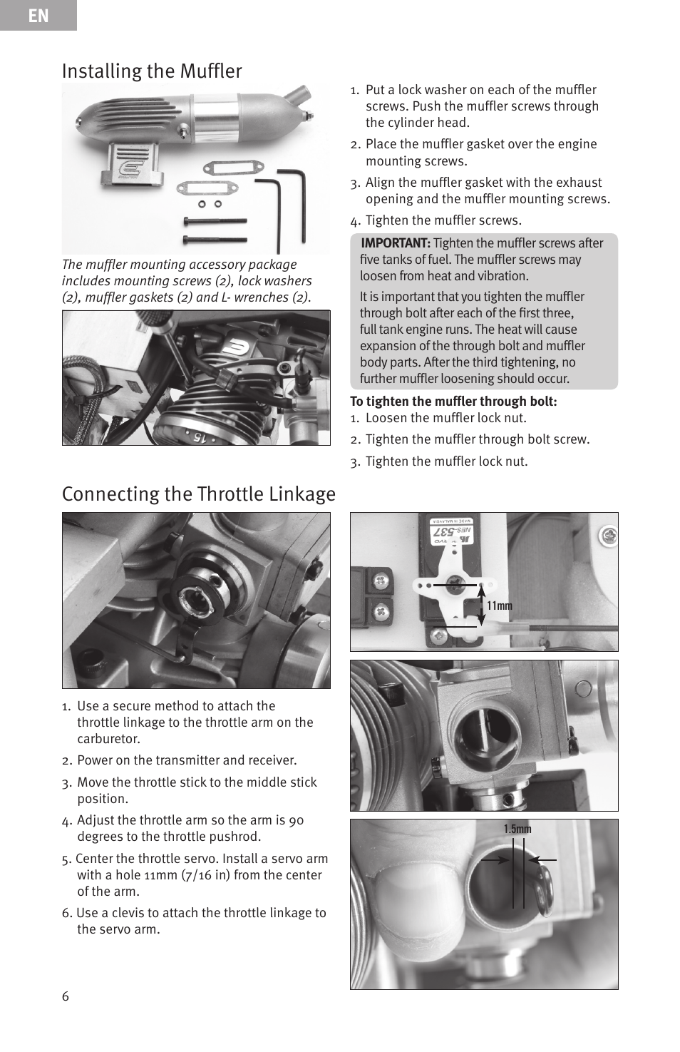 Installing the muffler, Connecting the throttle linkage | Evolution Engines 15GX 15cc User Manual | Page 6 / 19