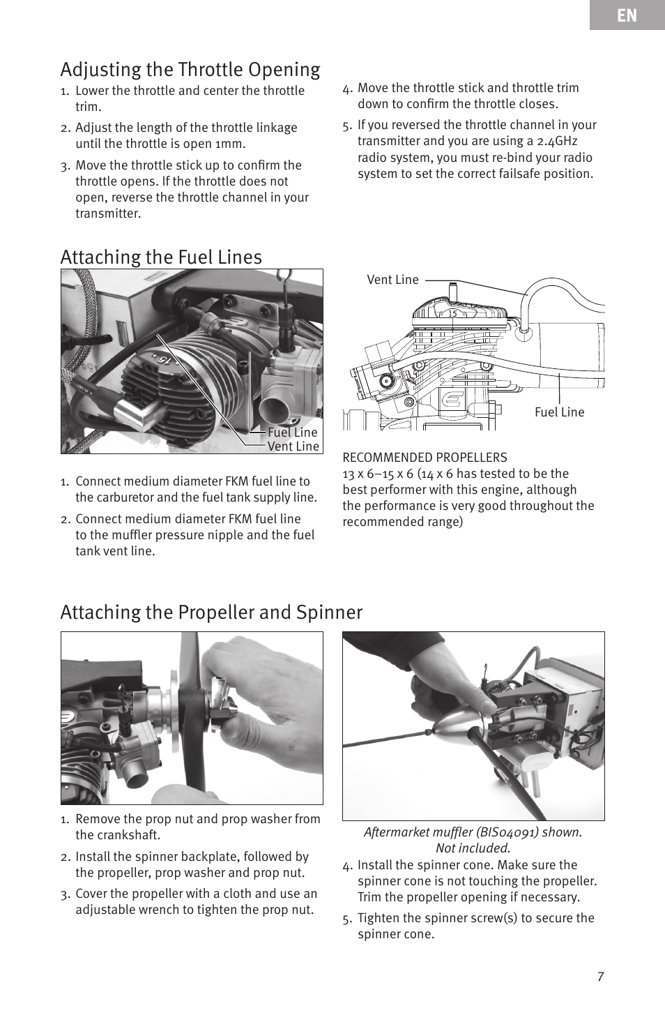 Adjusting the throttle opening, Attaching the fuel lines, Attaching the propeller and spinner | Evolution Engines 15GX 15cc User Manual | Page 7 / 19
