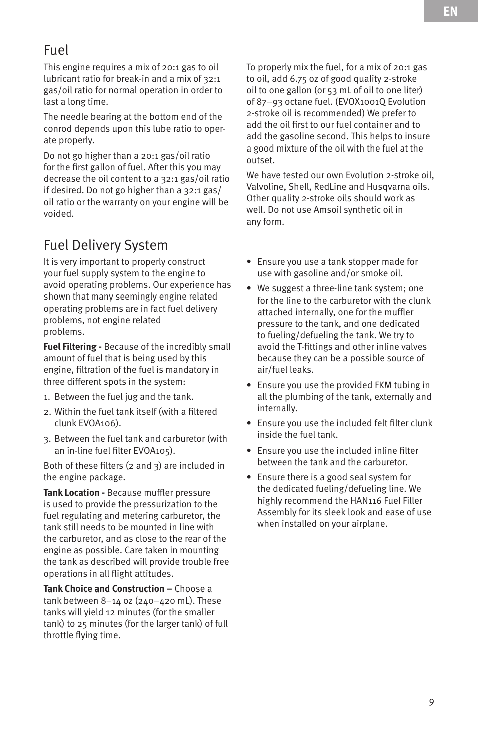 Fuel, Fuel delivery system | Evolution Engines 15GX 15cc User Manual | Page 9 / 19