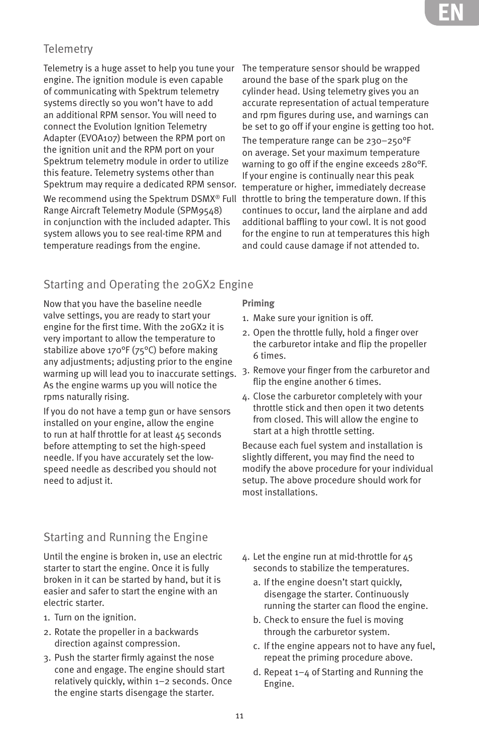 Telemetry, Starting and operating the 20gx2 engine, Starting and running the engine | Evolution Engines 20GX 20cc User Manual | Page 11 / 20