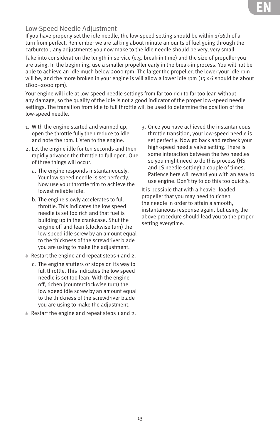 Low-speed needle adjustment | Evolution Engines 20GX 20cc User Manual | Page 13 / 20