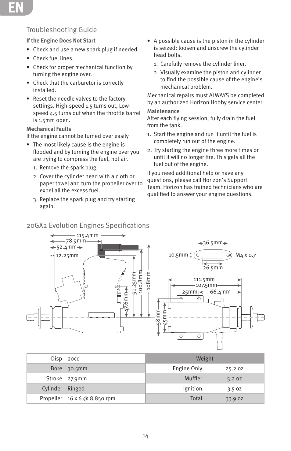 Troubleshooting guide, 20gx2 evolution engines specifications | Evolution Engines 20GX 20cc User Manual | Page 14 / 20