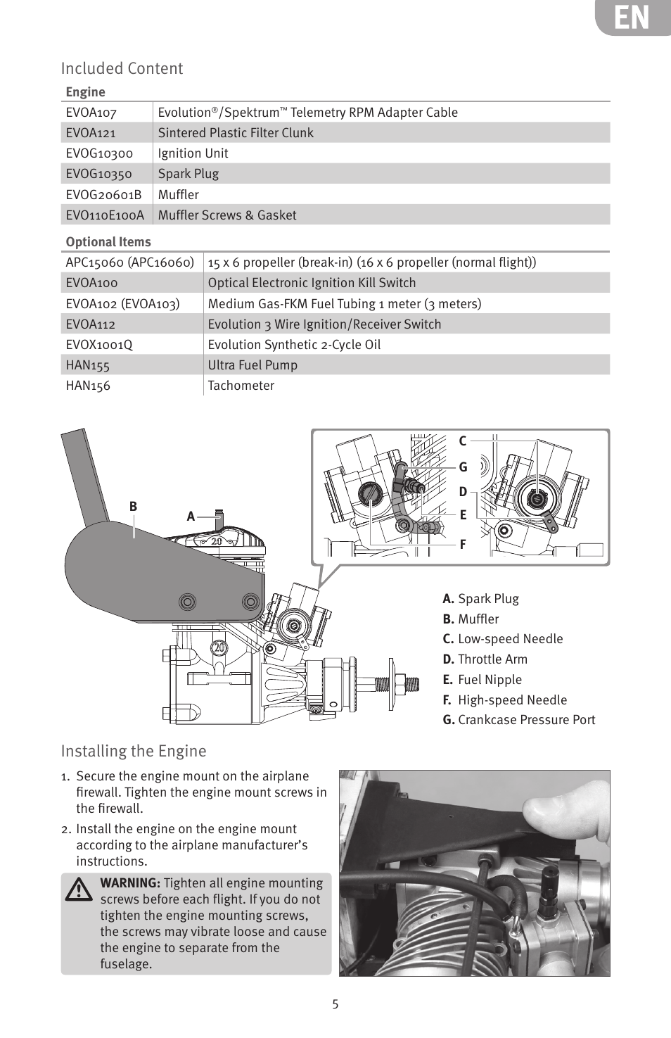 Included content, Installing the engine | Evolution Engines 20GX 20cc User Manual | Page 5 / 20