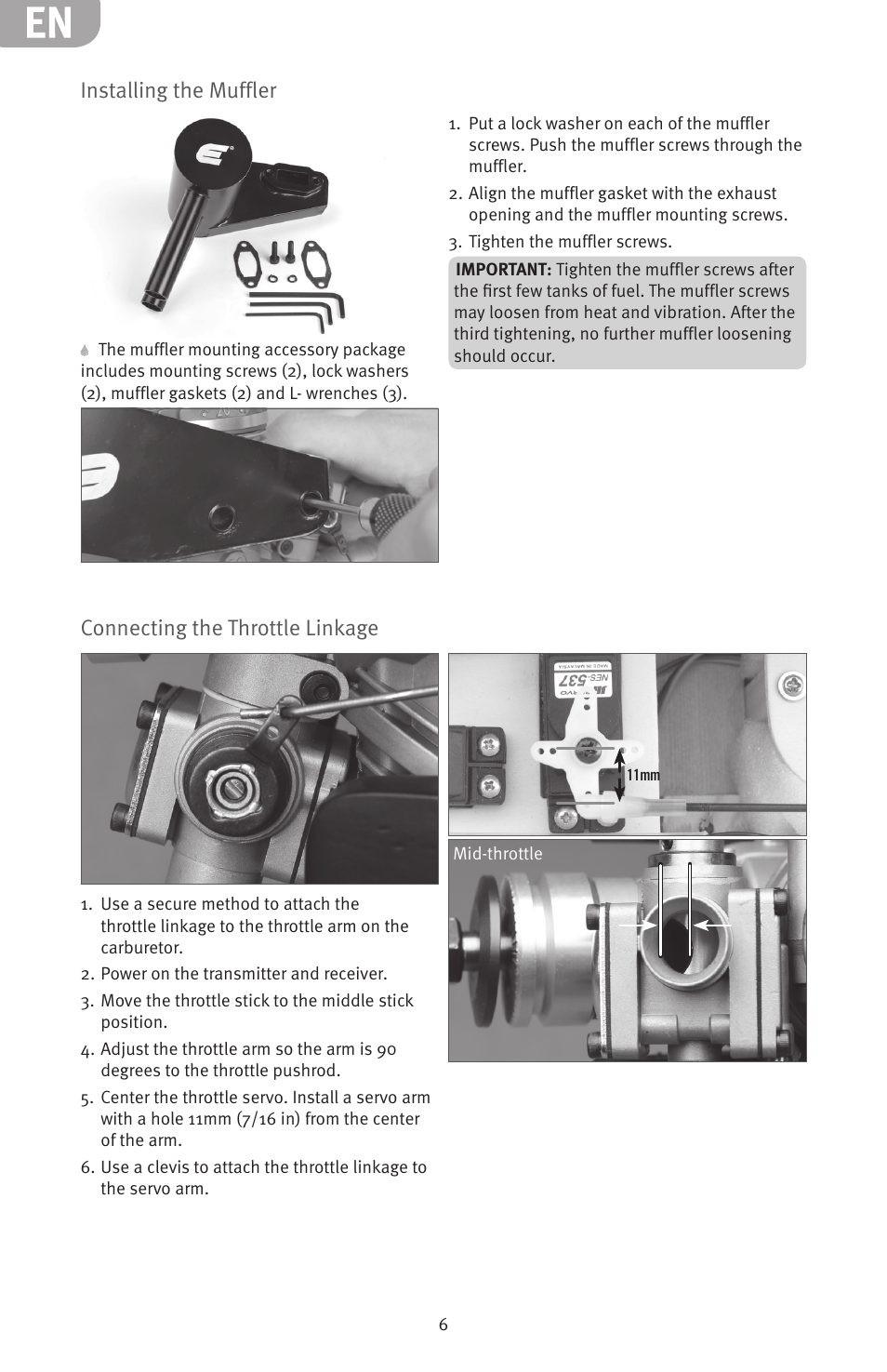 Installing the muffler, Connecting the throttle linkage | Evolution Engines 20GX 20cc User Manual | Page 6 / 20