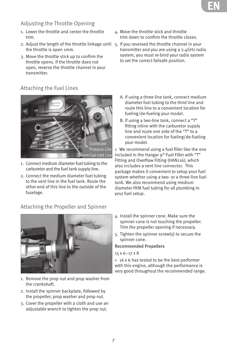 Adjusting the throttle opening, Attaching the fuel lines, Attaching the propeller and spinner | Evolution Engines 20GX 20cc User Manual | Page 7 / 20