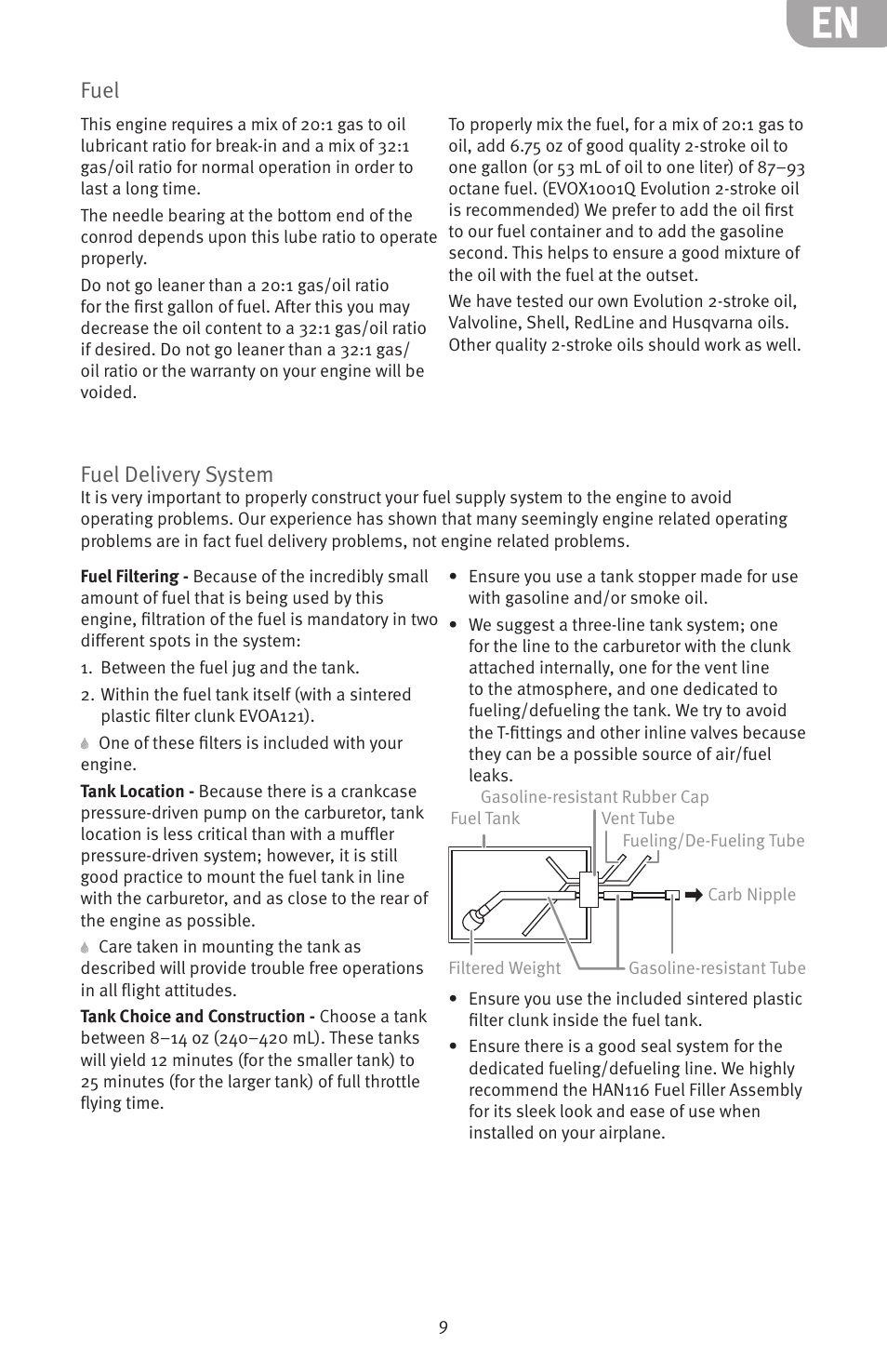 Fuel, Fuel delivery system | Evolution Engines 20GX 20cc User Manual | Page 9 / 20