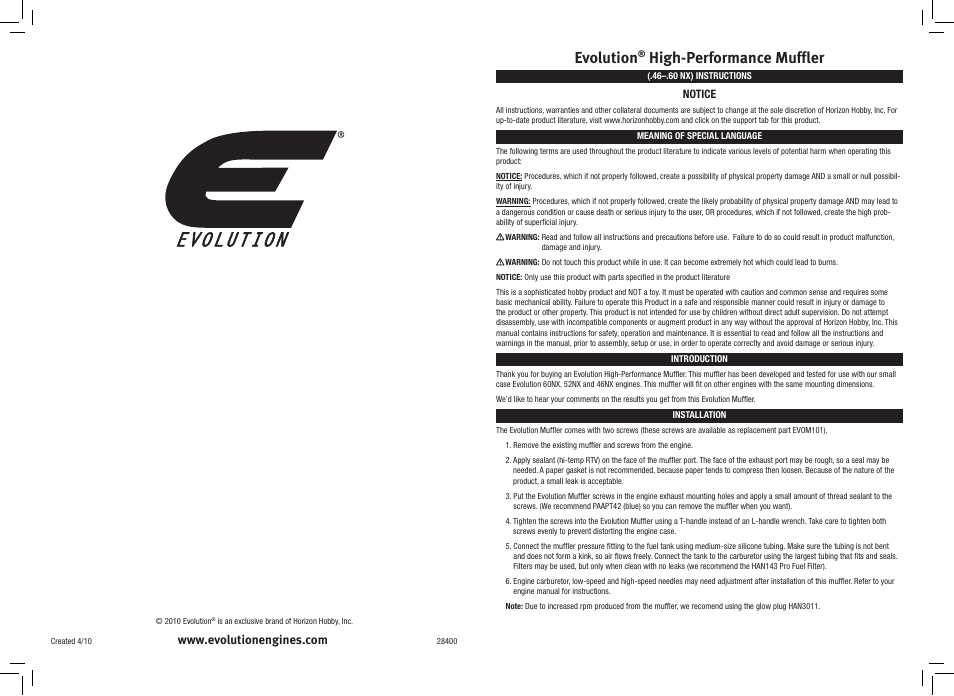 Evolution Engines EVOM1 User Manual | 2 pages