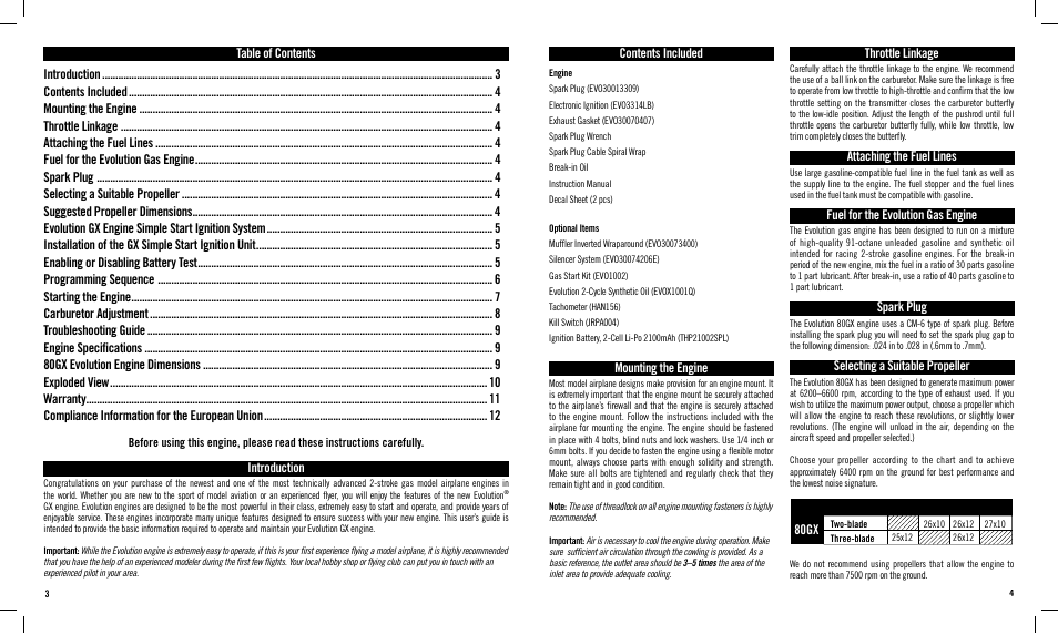 Introduction, Mounting the engine, Throttle linkage | Attaching the fuel lines, Fuel for the evolution gas engine, Spark plug, Selecting a suitable propeller, 80gx | Evolution Engines 80GX User Manual | Page 2 / 6