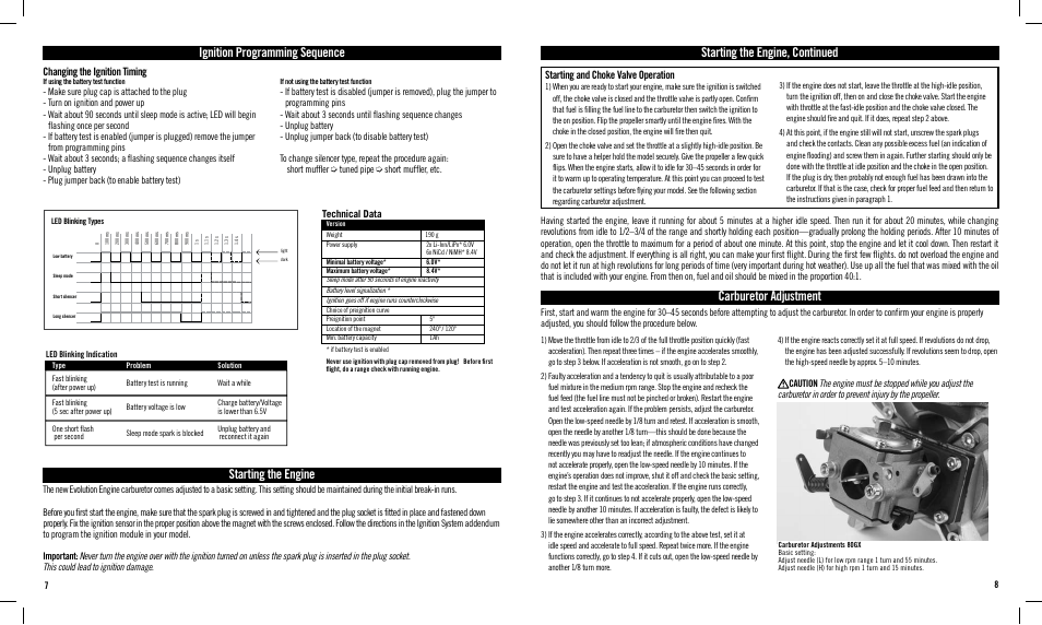 Carburetor adjustment, Starting the engine, Starting the engine, continued | Ignition programming sequence, Starting and choke valve operation, Changing the ignition timing, Technical data | Evolution Engines 80GX User Manual | Page 4 / 6