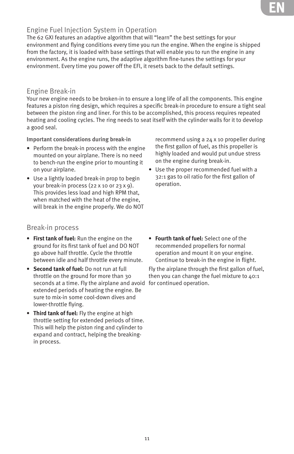 Engine break-in, Break-in process, Engine fuel injection system in operation | Evolution Engines 62GXI User Manual | Page 11 / 21