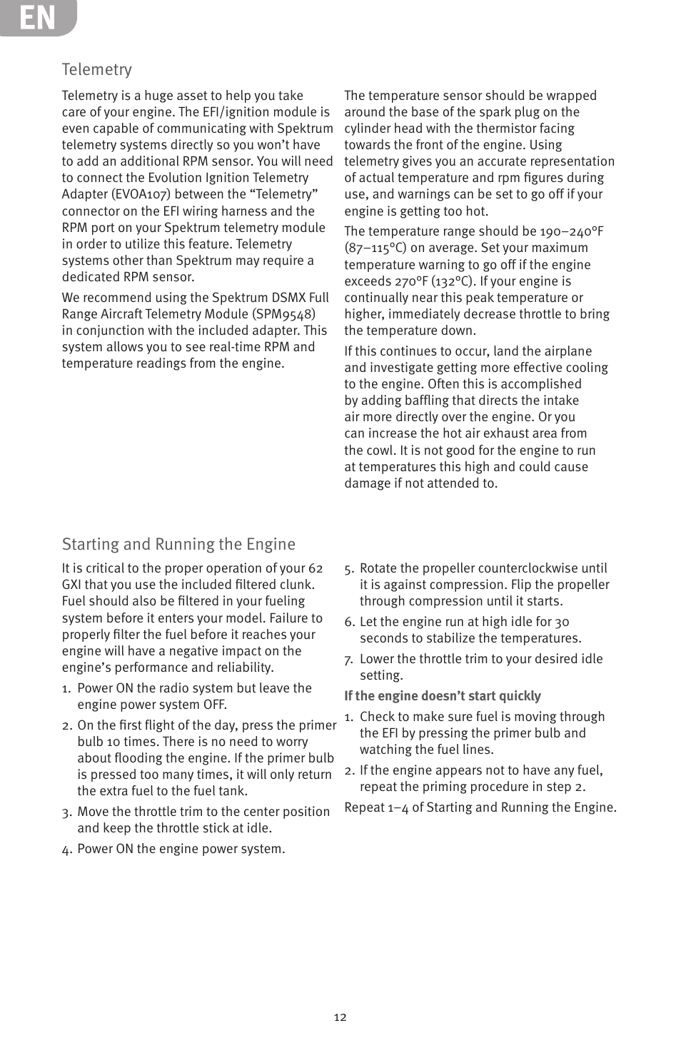 Telemetry, Starting and running the engine | Evolution Engines 62GXI User Manual | Page 12 / 21