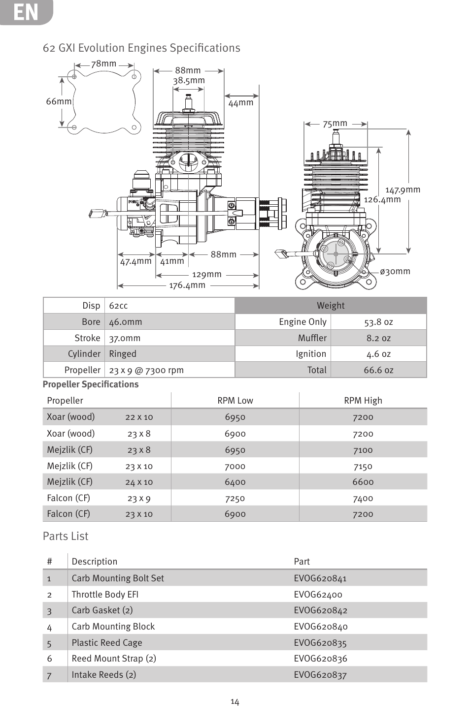 62 gxi evolution engines specifications, Parts list | Evolution Engines 62GXI User Manual | Page 14 / 21