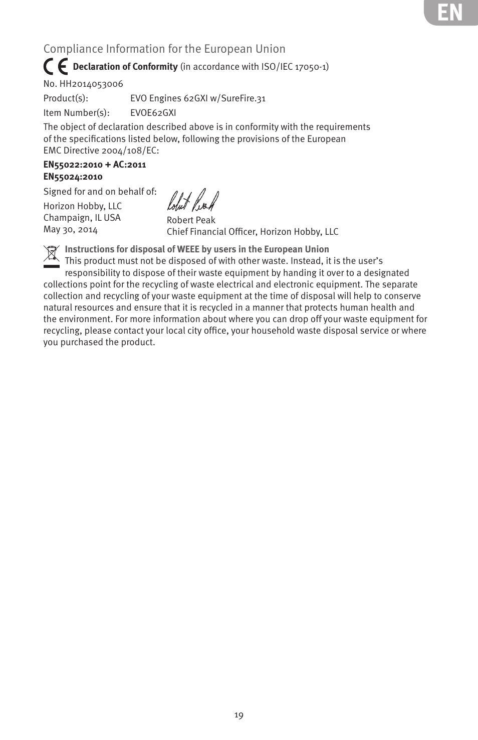 Compliance information for the european union | Evolution Engines 62GXI User Manual | Page 19 / 21