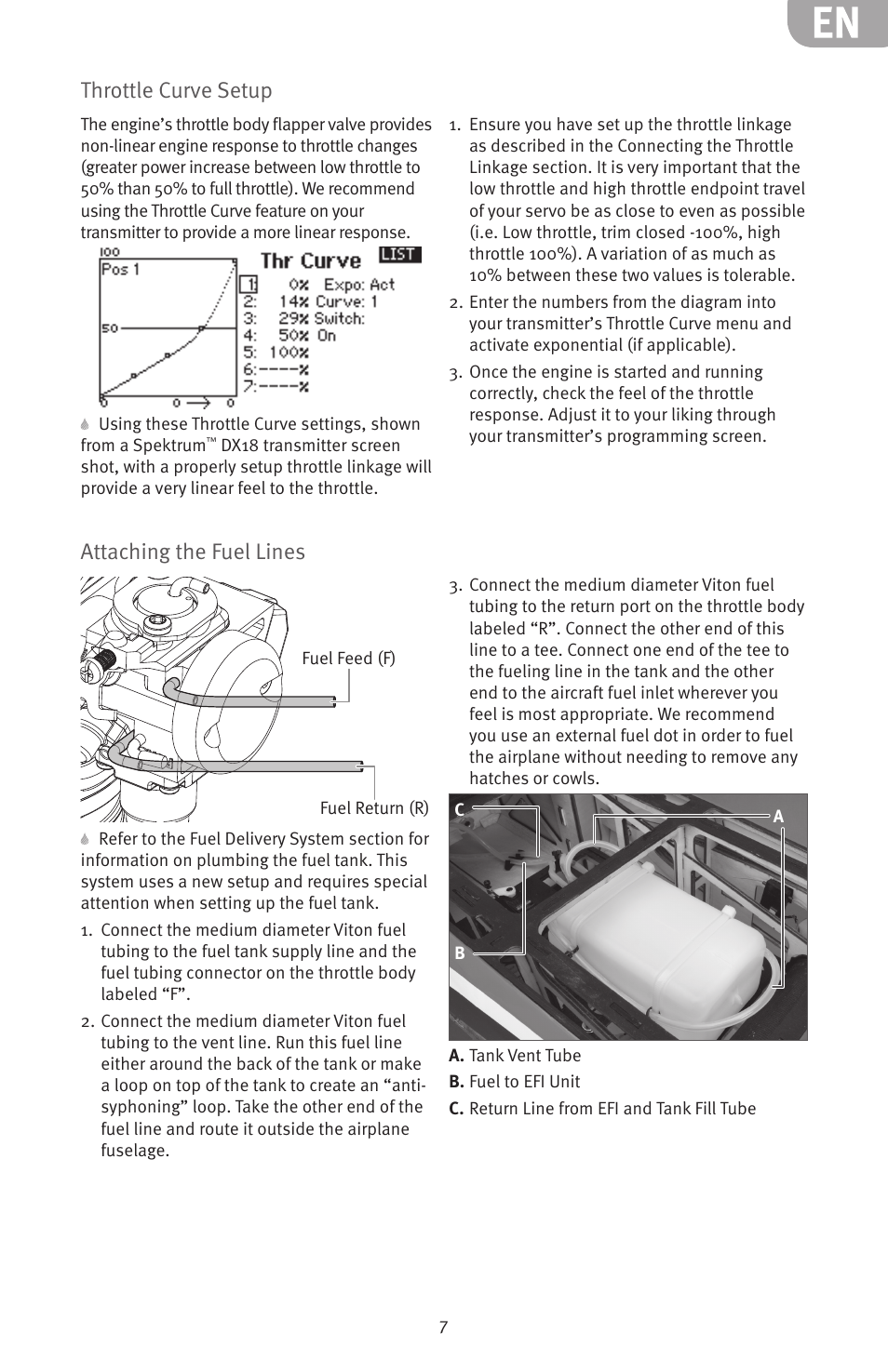 Throttle curve setup, Attaching the fuel lines | Evolution Engines 62GXI User Manual | Page 7 / 21