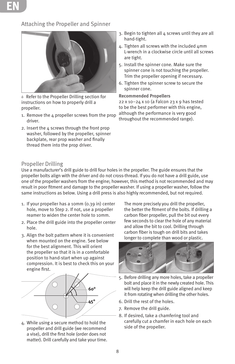 Attaching the propeller and spinner, Propeller drilling | Evolution Engines 62GXI User Manual | Page 8 / 21