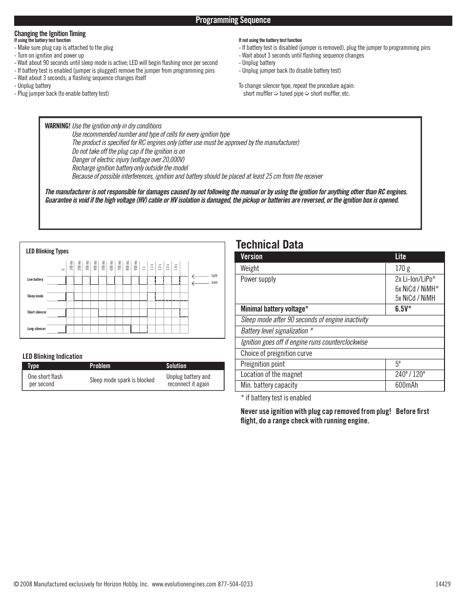Technical data, Programming sequence, Led blinking indication | Changing the ignition timing | Evolution Engines 58GX2 ICU–L User Manual | Page 2 / 2