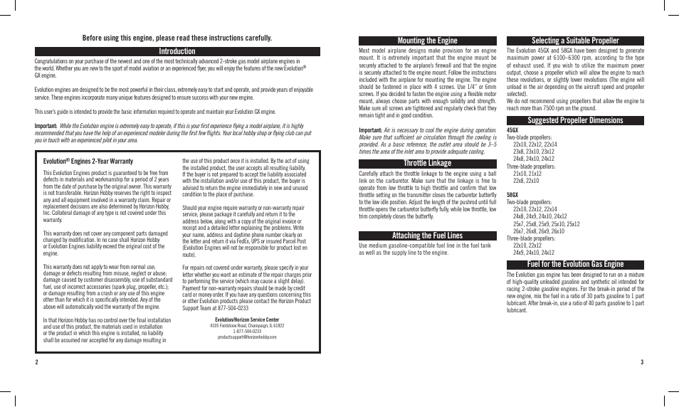 Introduction, Mounting the engine, Throttle linkage | Attaching the fuel lines, Selecting a suitable propeller, Suggested propeller dimensions, Fuel for the evolution gas engine | Evolution Engines 58GX User Manual | Page 2 / 6