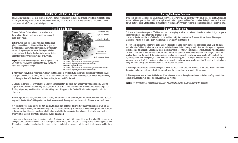 Starting the engine, Fuel for the evolution gas engine, Starting the engine continued | Carburetor adjustment | Evolution Engines 58GX User Manual | Page 3 / 6