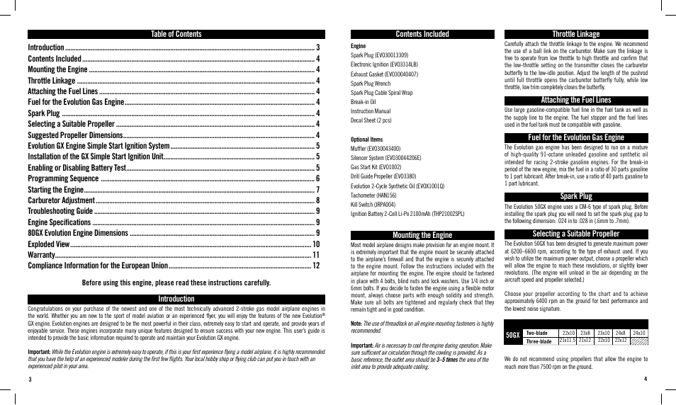 Introduction, Mounting the engine, Throttle linkage | Attaching the fuel lines, Fuel for the evolution gas engine, Spark plug, Selecting a suitable propeller | Evolution Engines EVOE50GX User Manual | Page 2 / 6