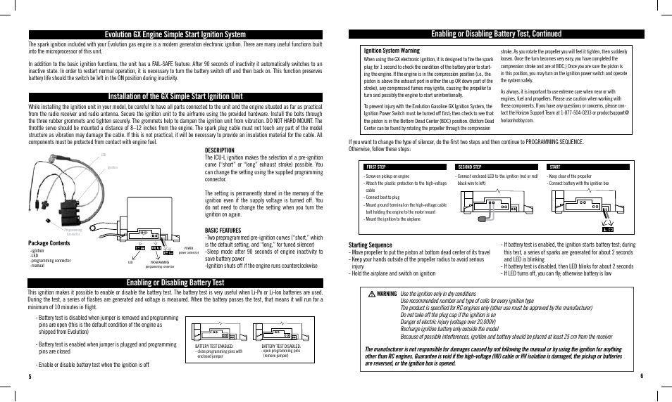 Evolution gx engine simple start ignition system, Installation of the gx simple start ignition unit, Enabling or disabling battery test | Enabling or disabling battery test, continued | Evolution Engines EVOE50GX User Manual | Page 3 / 6