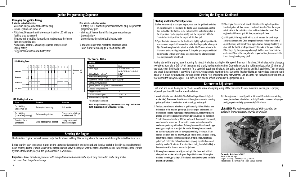 Ignition programming sequence, Starting the engine, Starting the engine, continued | Carburetor adjustment, Technical data, Changing the ignition timing, Starting and choke valve operation | Evolution Engines EVOE50GX User Manual | Page 4 / 6