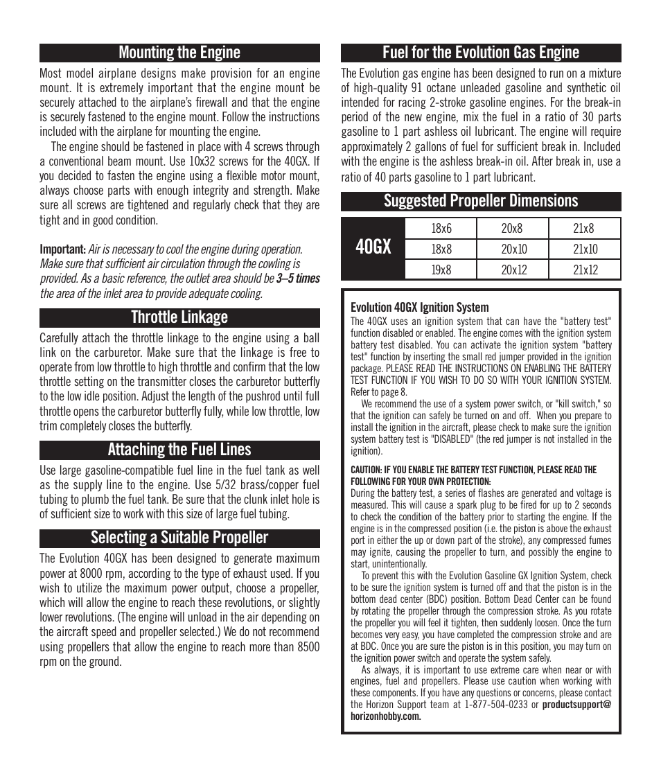 40gx, Mounting the engine, Throttle linkage | Attaching the fuel lines, Selecting a suitable propeller, Fuel for the evolution gas engine, Suggested propeller dimensions | Evolution Engines EVOE40GX User Manual | Page 3 / 12